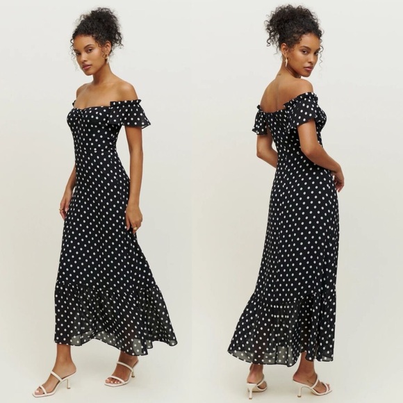 Reformation Black Polka Dot Off-Shoulder Midi Dress - Picture 3 of 14